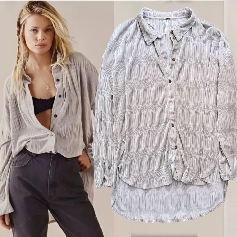 Free People One Of The Boys Velvet Smocked Button Down Shirt Silver Large